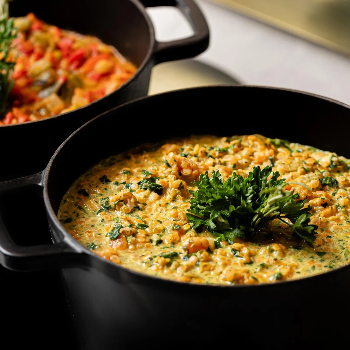 Two pots on a stove, one containing a lentil and parsley dish, the other a vegetable stew.