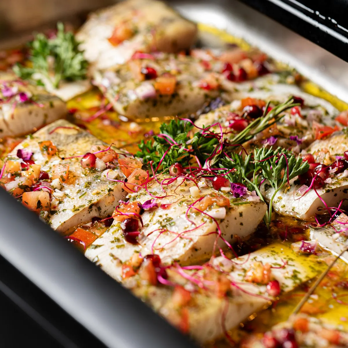 Several slices of pizza topped with various ingredients, including vegetables and herbs, arranged in a steel tray.