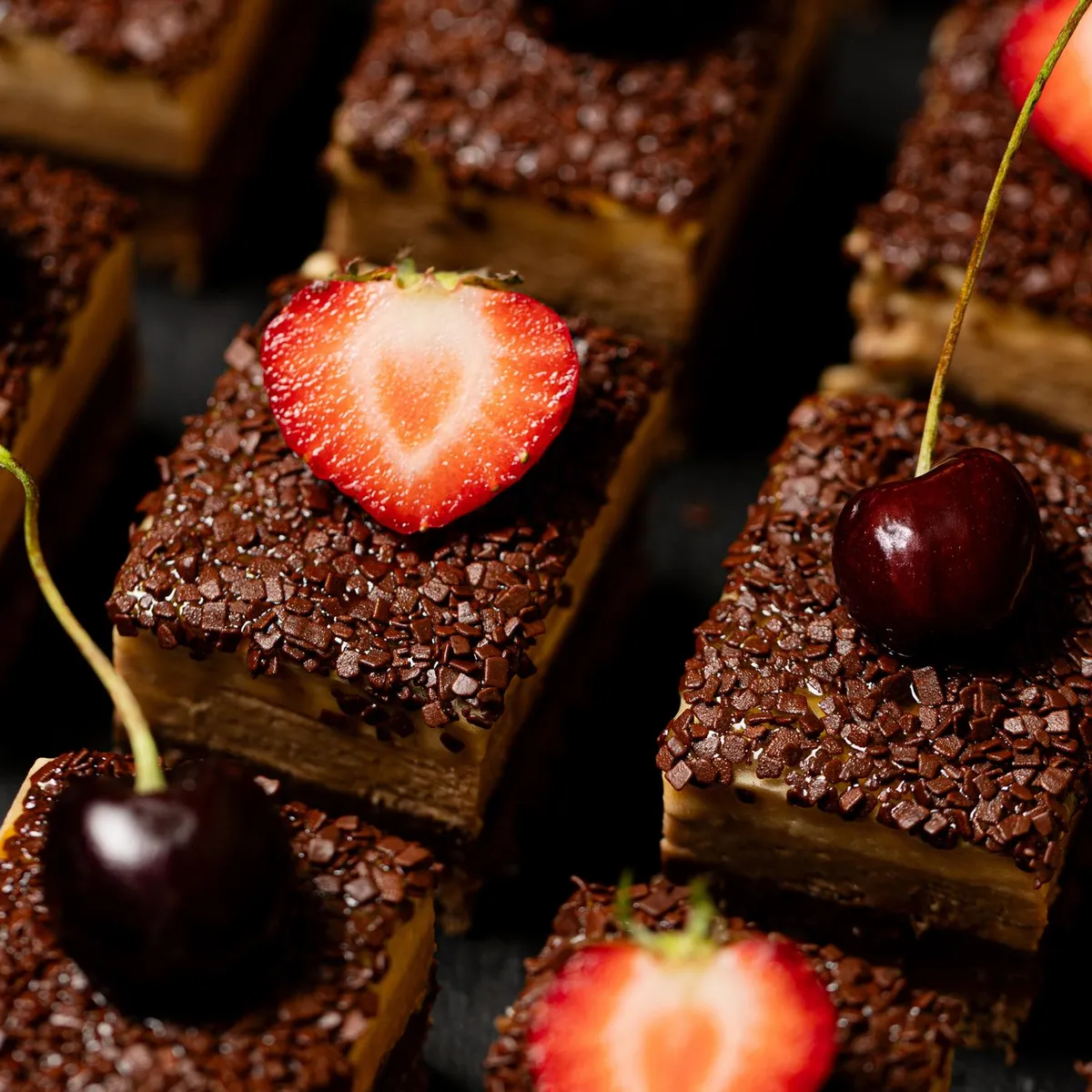 Small chocolate dessert squares topped with halved strawberries and cherries