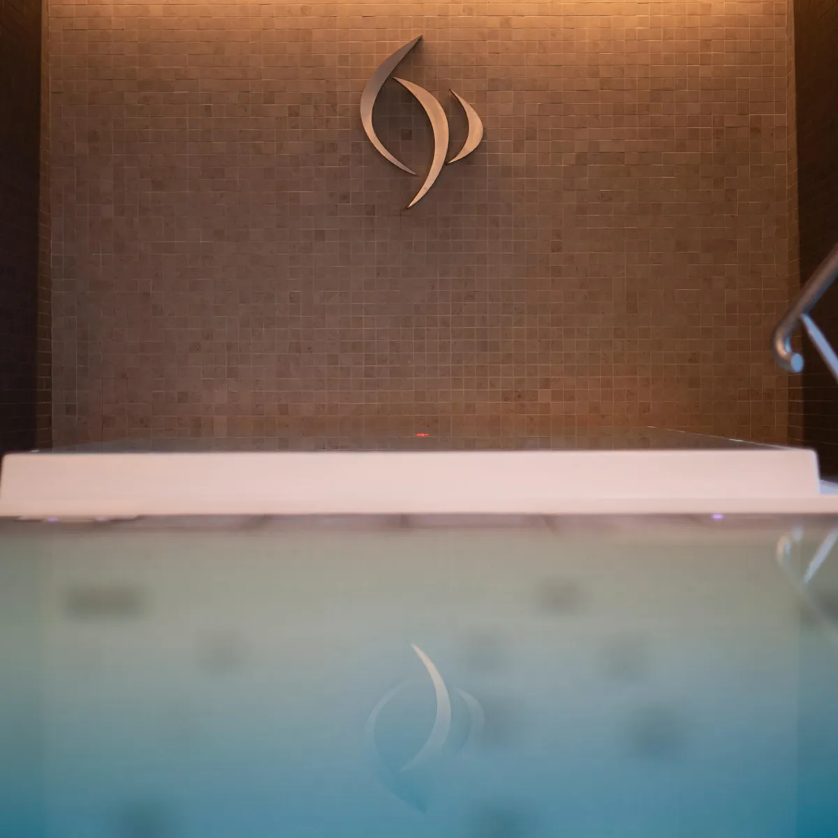 Tiled wall with a metallic symbol shaped like a water droplet, above a murky body of water